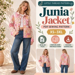May include: A PDF sewing pattern for the Junia Jacket, sized XS-3XL. The image displays a quilted jacket with a pink and white floral patchwork design, long sleeves, a collar, and front pockets. Includes A0 and A4 files, step-by-step instructions, and instant download options.