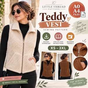 Może przedstawiać: Cyfrowy wykroj krawiecki na kamizelkę typu teddy, z tekstem Little Thread Pattern Teddy Vest, plikami A0 A4 i zakresem rozmiarów XS-3XL. Grafika przedstawia beżową kamizelkę z polaru z zamkiem błyskawicznym i kieszeniami oraz warianty brązowe.
