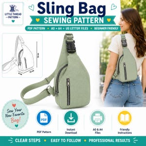 May include: A sage green sling bag sewing pattern featuring a PDF format, A0, A4, and US letter files. The bag has a black buckle, a front zipper pocket, and an adjustable strap. Technical diagrams show dimensions of 32 cm by 16 cm by 6 cm.