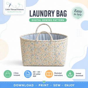 May include: A digital sewing pattern for a laundry bag by Little Thread Pattern. The image features a quilted laundry bag with a floral print in blue and orange tones, two handles, and a light blue striped interior lining. Text includes LAUNDRY BAG.