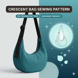 Może przedstawiać: Turkusowa torba w kształcie półksiężyca z czarnym paskiem i zamkiem błyskawicznym. Obraz zawiera tekst "CRESCENT BAG SEWING PATTERN", "PDF SEWING PATTERN" i "BEGINNER FRIENDLY". Rysunek torby znajduje się w jasnoniebieskim okręgu.