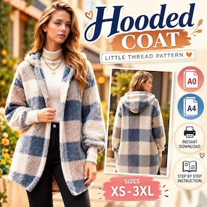 Może przedstawiać: Wykrój na płaszcz z kapturem z niebiesko-beżowo-białej tkaniny polarowej w kratę. Obraz zawiera tekst Hooded Coat, Little Thread Pattern oraz rozmiary XS-3XL. Ikony wskazują formaty A0 i A4, natychmiastowe pobieranie oraz instrukcje krok po kroku.