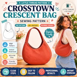 Patrón de costura para bolso Crescent / Bolso bandolera moderno, ideal para principiantes (patrón PDF, varios tamaños)