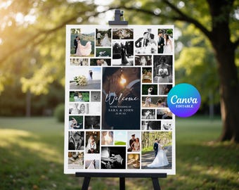 Wedding Photo Collage Poster, Editable Canva Template, Personalized Wedding Welcome Sign, Couple Memory Wall Art Printable