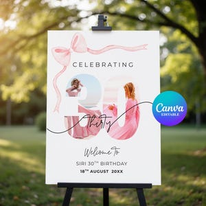 May include: A white sign on a black easel with the words "Celebrating 30" and "Welcome to Siri 30th Birthday". The sign has a pink bow and ribbon design, with photos of a person in pink. The Canva logo is visible.
