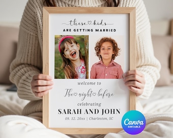 Diese Kinder heiraten Zeichen, Willkommensplakat für das Probeessen, Canva bearbeitbares Hochzeitsfotoschild, Eltern-Hochzeitsdekor