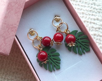 Christmas Red Berry Earrings 24K Gold plated Dangle Earrings Green Monstera Leaf Red Coral Earrings Gift for Her Statement Earrings