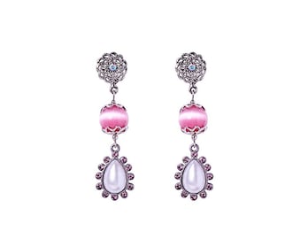 Pink Faux Pearl Earrings in Silver with Crystals and Pink Cat Eye Gift for Her