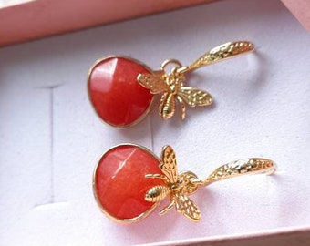 Genuine Carnelian Earrings with 24k Gold Plated Sterling Silver Ear Wire with Dangle Bee Pendant Gift for her