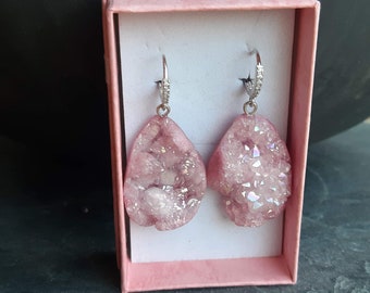 Genuine Agate Druzy Stone Earrings in Pale Rose and Silver with Zirconia Crystals Gift for Her