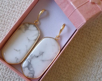 Natural Snow White Stone Howlite Earrings on 24k Gold plated Silver Ear Wire Statement Gift for Her