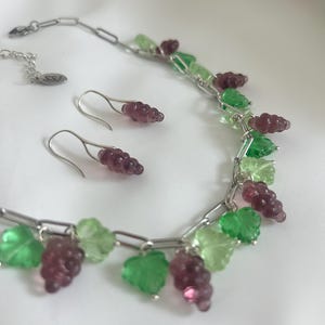 Grape Jewelry Necklace Set with Glass Grapes Fruit Necklace Grape Earrings Gift for Her