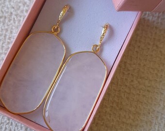 Natural Rose Quartz Stone Earrings in 24K Gold Ear wires Statement Gift for Her