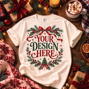 Pode incluir: Uma t-shirt branca de manga curta com um gráfico de Natal e o texto "YOUR DESIGN HERE" em vermelho e verde. O design inclui uma coroa de ramos de pinheiro, bagas vermelhas e laços vermelhos, centrada na parte frontal da peça.