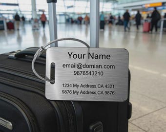 Etiqueta de equipaje personalizada de acero inoxidable, etiqueta de identificación de viaje grabada de alta resistencia (85 x 55 mm)