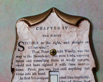 May include: Decorative light switch cover with a vintage book page design. The cover features a white toggle switch and is framed with a gold-colored border. The text "CHAPTER IV THE FLIGHT" is visible.