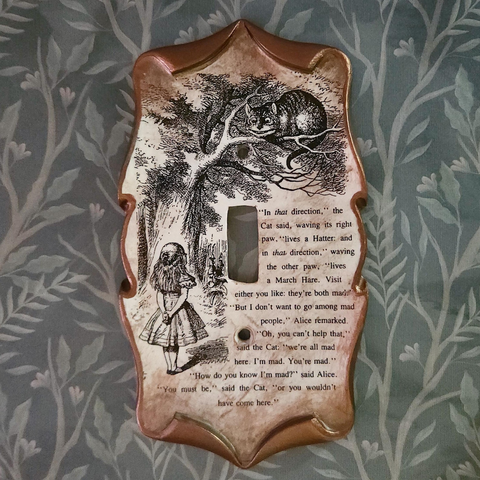 Alice in Wonderland Cheshire Cat Decoupage Book Page Light Switch Cover