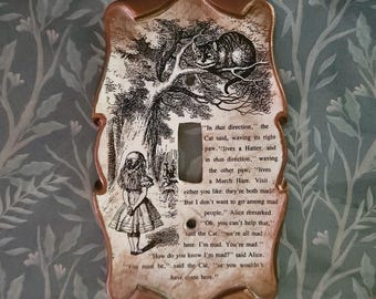 Alice in Wonderland Cheshire Cat Decoupage Book Page Light Switch Cover
