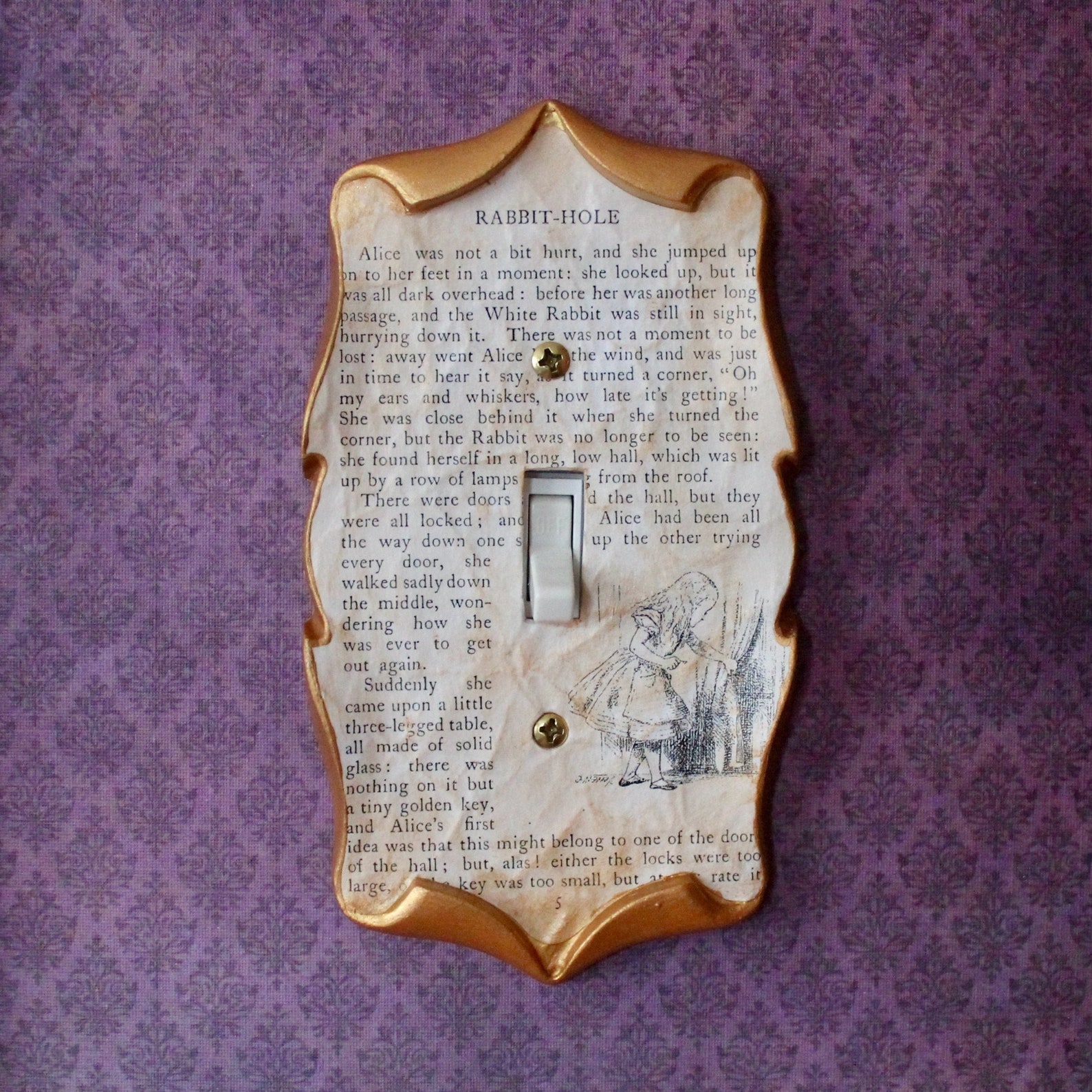 Alice in Wonderland Rabbit Hole Decoupage Book Page Light Switch Cover