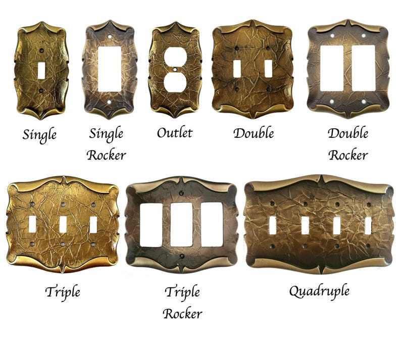 May include: A collection of antique brass-colored switch plates in various configurations: single, single rocker, outlet, double, double rocker, triple, triple rocker, and quadruple. Each plate has a textured surface and decorative edges, with labels below.