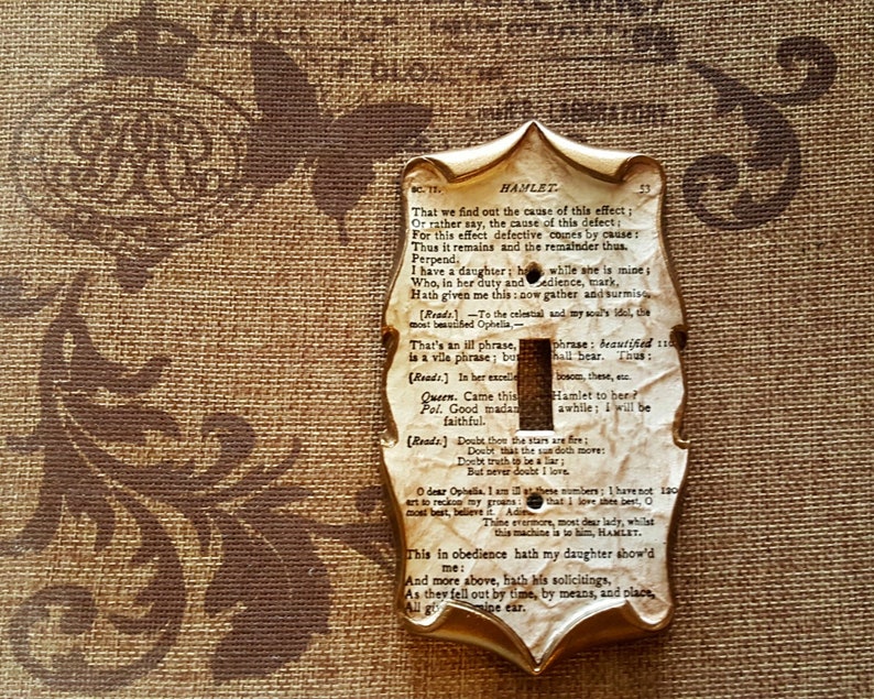 May include: A decorative light switch cover with a gold-colored, ornate frame. The cover features a printed page from Shakespeare's Hamlet, with visible text. The background is a textured, brown fabric with a repeating pattern.