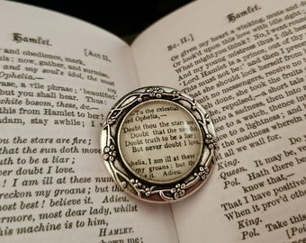Shakespeare Brooch Pin Romeo & Juliet, Hamlet, Much Ado Book Page