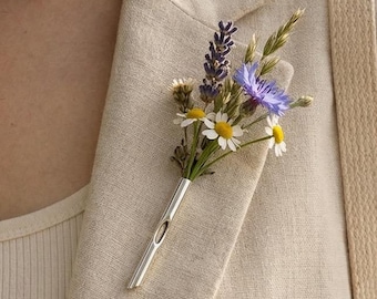 Broche de florero plateado, broche floral personalizable, accesorio botánico para solapa
