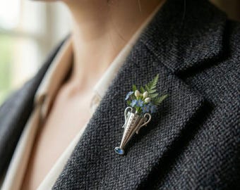 Customizable Floral Bud Vase Brooch, Botanical Lapel Pin, Gift for Flower Lover Accessory