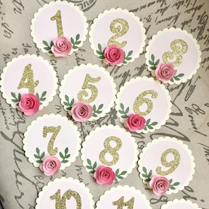 Boho Bohemian Floral Rose Flower First Birthday Photo Number Clips 12 Months Photo, 1st Birthday, Monthly One Year Party Decorations, Gold