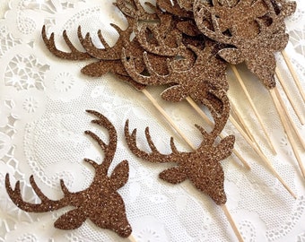 12 Woodland Deer Head Antler Brown Glitter Cupcake Toppers Rustic Wedding, Birthday, Baby Shower Party Decorations