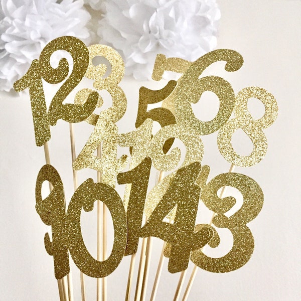 Table Numbers Centerpiece on Sticks- Wedding, Baby Shower, Bridal, Birthday, Event Party Decoration, Gold Glitter