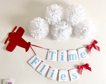 Airplane Time Flies Garland Banner, First Birthday, Baby Shower, It's a boy, Backdrop, Wall Decor, Personalize Custom Name Party Decoration