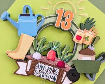 Gardening Cake Topper, Garden Birthday Party, Farming, Fruit and Vegetable, Personalized Custom Name Age Party Decoration
