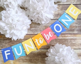 Fun to be One Rainbow Happy Birthday Banner Bunting Garland, Smash Cake Photo Backdrop, 1st Birthday Banner, One Banner, Party Decoration