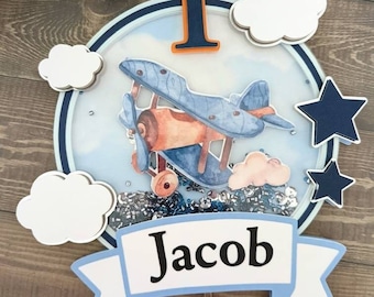 Airplane Cake Topper Shaker, First Birthday, Airplane Party, Aviation, Watercolor Airplane Personalized Custom Name Age Party Decoration