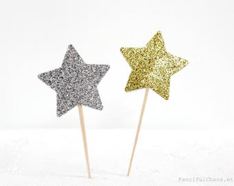 12 Gold and Silver Glitter Star Cupcake Toppers, Baby Girl 1st Birthday, Baby Boy Little Man First Birthday, Twinkle Star Party Decorations