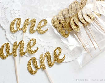 12 Number One Gold Glitter Cupcake Toppers, Baby Boy or Girl 1st Birthday, Party Decorations