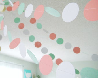 Mint Green, Light Coral, White 12 ft Circle Paper Garland- Wedding, Birthday, Bridal Shower, Baby Shower, Party Decorations