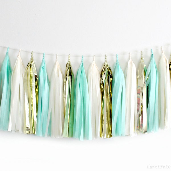 Mint Green, Cream, Gold Tissue Paper Tassel Garland- Wedding, Birthday, Bridal Shower, Baby Shower, Party Decorations