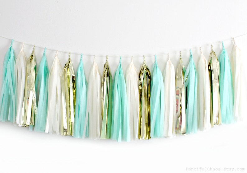 Mint Green, Cream, Gold Tissue Paper Tassel Garland Wedding, Birthday, Bridal Shower, Baby Shower, Party Decorations image 1