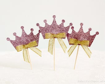 12 Princess Crown Pink and Gold Cupcake Toppers, Baby Girl 1st Birthday, Party Decorations