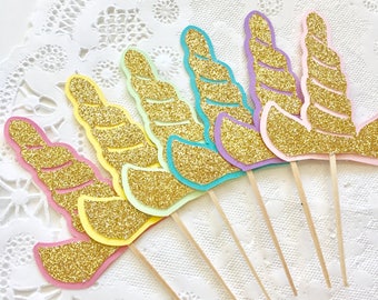 12 Unicorn Horn Gold Cupcake Toppers, Baby Girl 1st Birthday, Unicorn Party Decorations