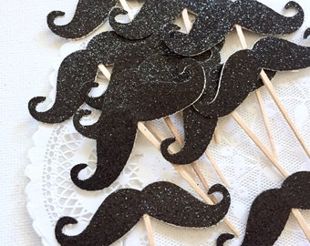 12 Mustache Black Glitter Cupcake Toppers, Baby Boy, Little Man, 1st Birthday, Baby Shower, Bridal Wedding Party Decorations