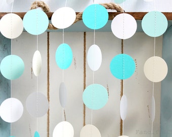 Mint Green, Aqua, White, Ivory and Grey 12 ft Circle Paper Garland- Wedding, Birthday, Bridal Shower, Baby Shower, Party Decorations