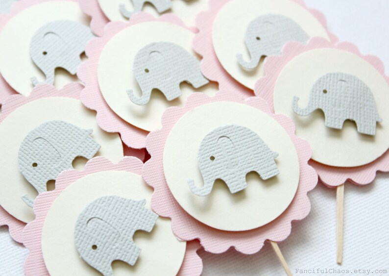 24 Baby Elephant Cupcake Toppers, Girl Baby Shower, Birthday, Party Decorations image 2