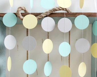 Mint Green, Light Yellow, Grey 12 ft Circle Paper Garland- Wedding, Birthday, Bridal Shower, Baby Shower, Party Decorations