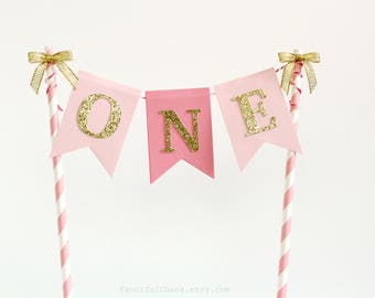 One Pink and Gold Smash Cake Topper Banner, Baby Girl 1st Birthday, First Birthday Party Decorations