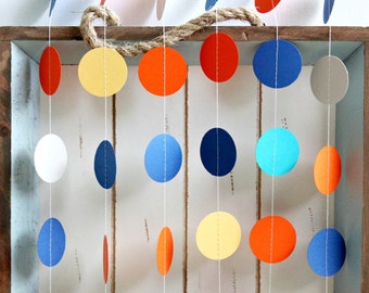 Navy Blue, Vintage Yellow, Orange, Grey, White 12 ft Circle Paper Garland- Wedding, Birthday, Baby Shower, Retro Party Decorations