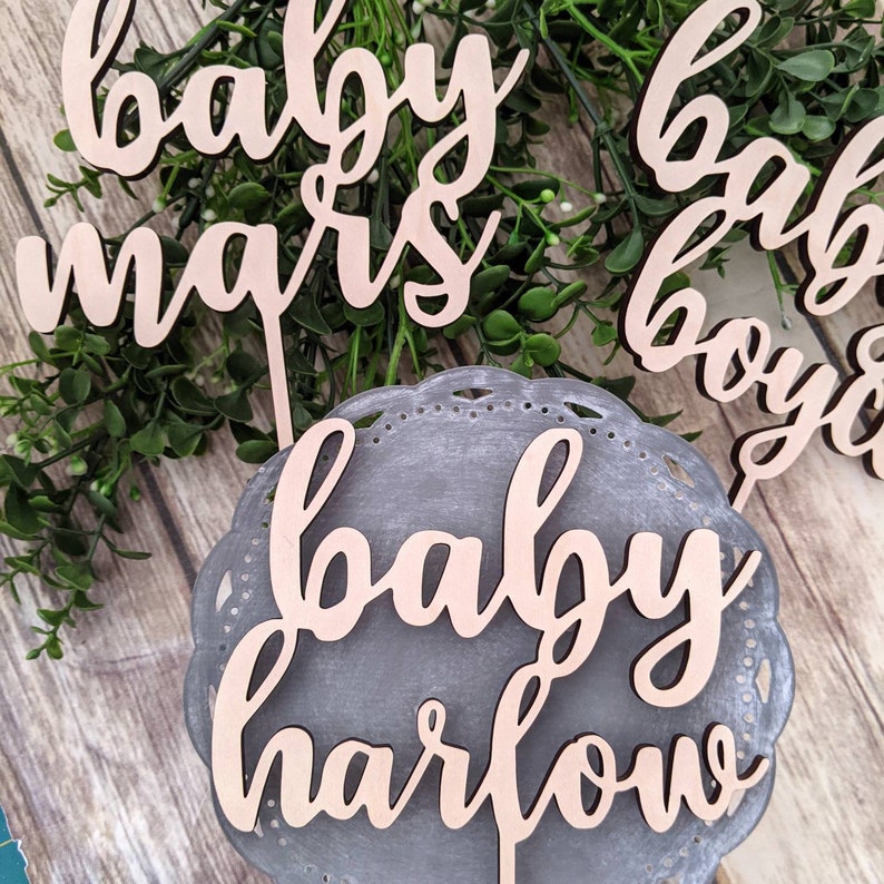 Personalized Name Baby Shower Cake Topper, It's a Girl Boy Baby Shower, Custom Wood Baby Name, Table Centerpiece, Boho Party Decoration image 3