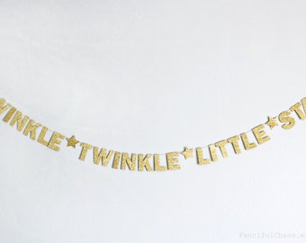 Twinkle Little Star Gold Glitter Paper Banner Garland- Wedding, Birthday, Bridal Shower, Baby Shower, Party Decorations, Nursery Bedroom